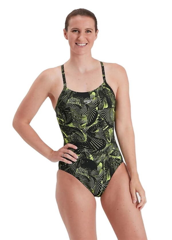 Speedo Allover Fixed Crossback Swimsuit - Black/ Atomic Lime