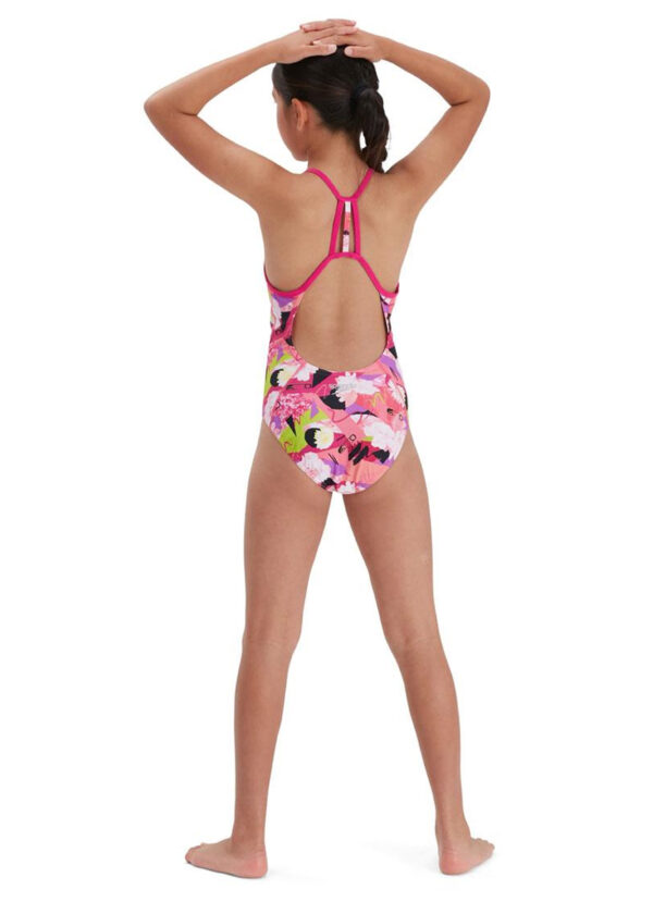 Speedo Girl’s Punk Floral Lane Line Back Swimsuit – Pink/ White/ Black/ Lime