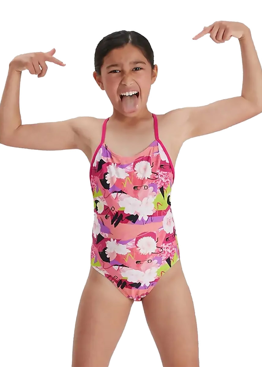 Speedo 女の子用パンクフローラルレーンラインバック水着