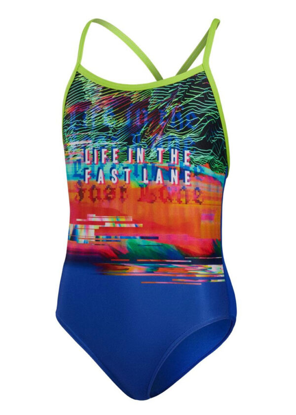 Speedo Girl's Fast Lane Placement Vback Swimsuit - Blue/ Lime/ Salso/ White-0