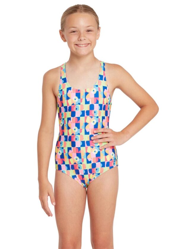 Girl wearing Zoggs Girls Flowerpatch Rowleeback Swimsuit - Front view