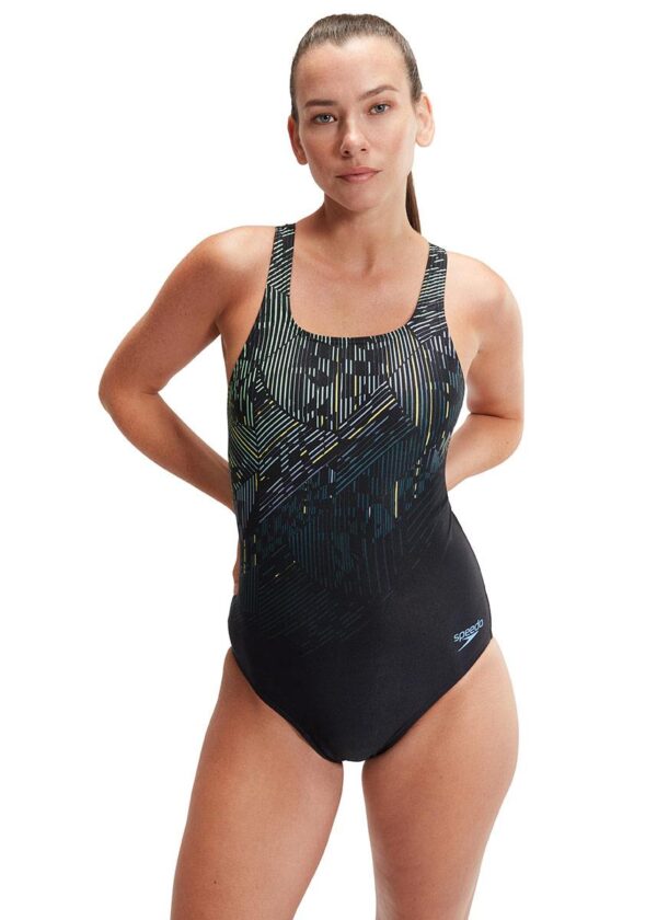 Front view of woman wearing Speedo Digital Printed Medalist Swimsuit - Black
