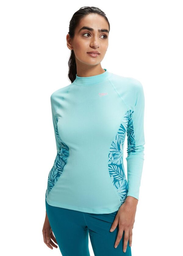 Front view of lady wearing Speedo Womens Printed Long Sleeve Rash Top - Blue