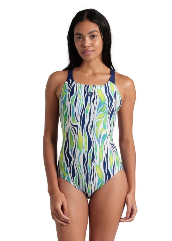 Girl wearing Arena Zebra Stripes Swim Pro Back Swimsuit - Multi / Navy - Front view