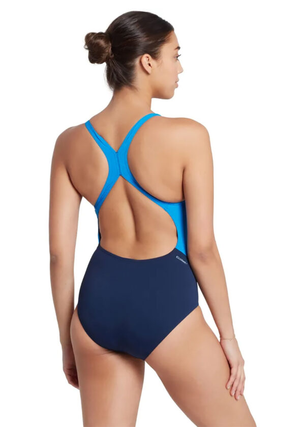 Zoggs Women’s Eaton Flyback Swimsuit – Navy/Light Blue