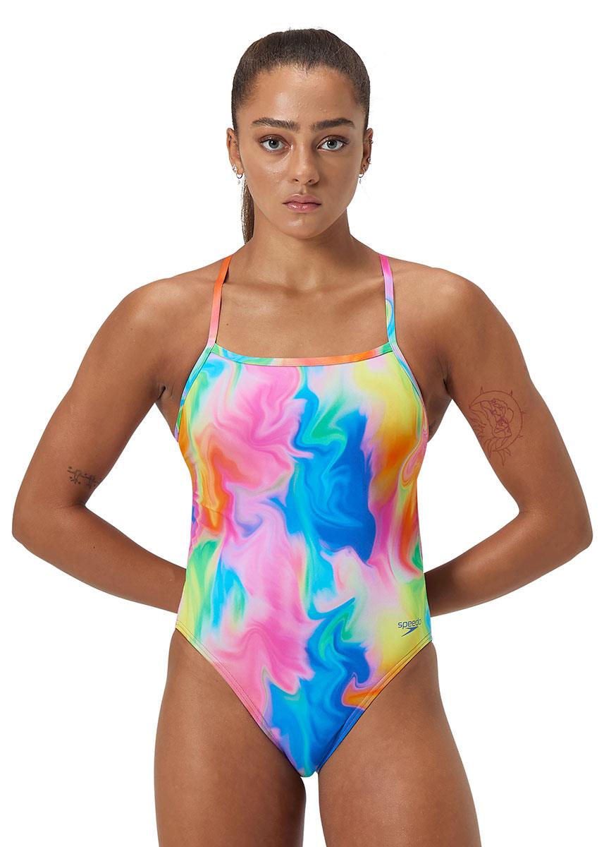 Speedo プリントVバック水着 - フレアピンク